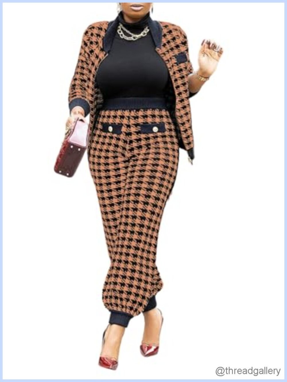 Womens Houndstooth Pantsuit Wrinkle Resistant High Waist Blazer Set